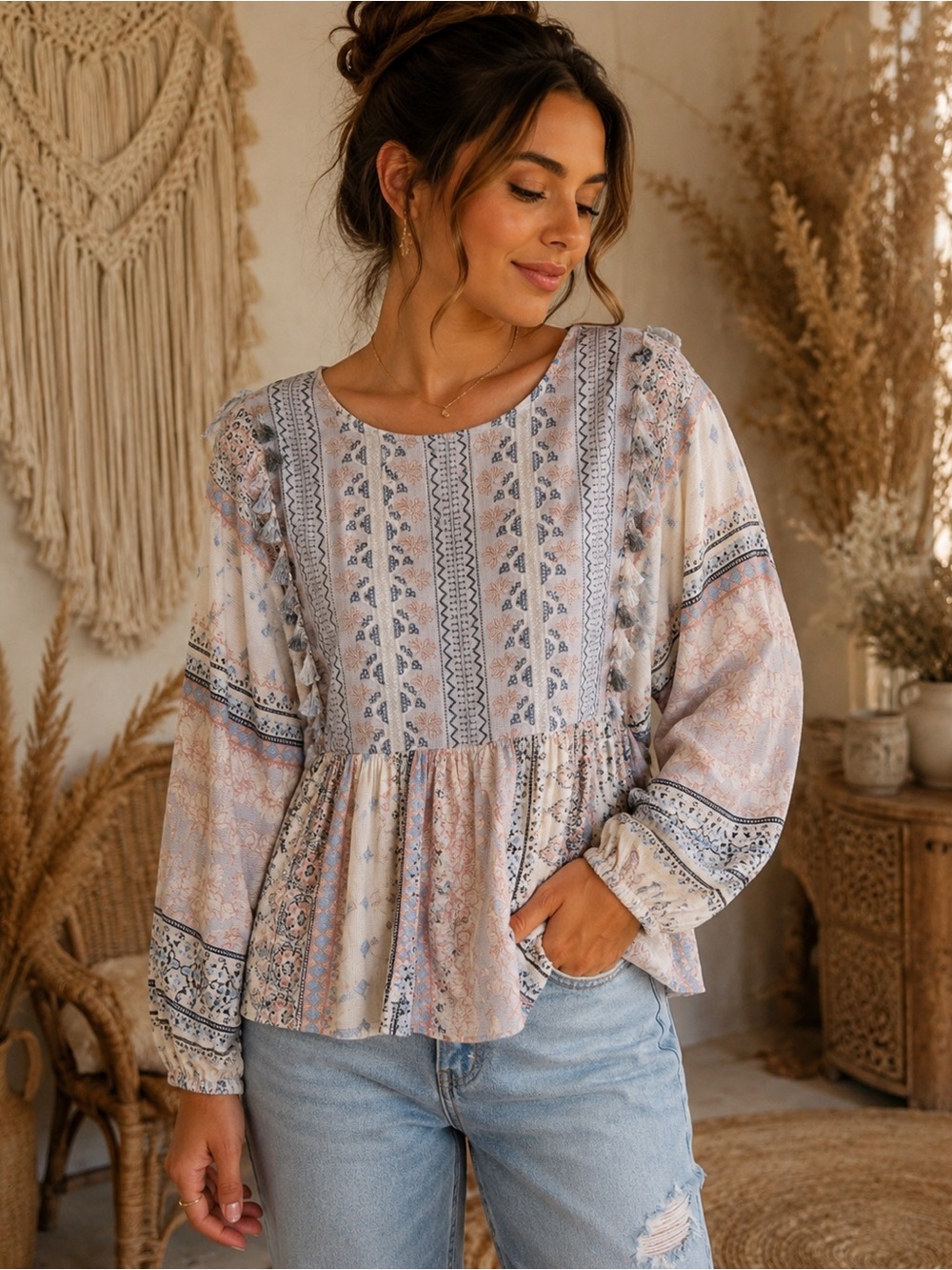 🌸AMERICAN EAGLE OUTFITTERS Boho Floral Long Sleeve Top with Tassles